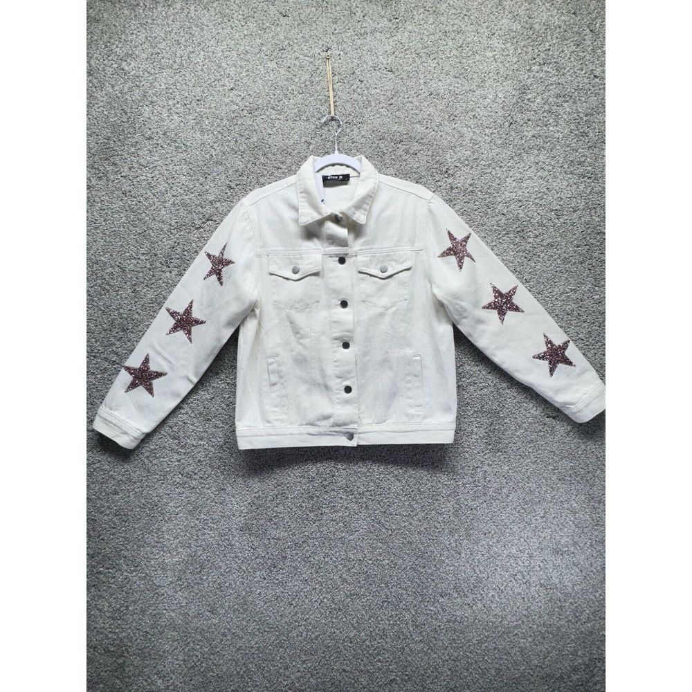 Blue B Collection Denim Jean Jacket Rhinestone Stars Button White Size‎ Small